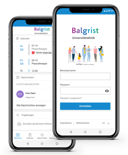 Das digitale Patientenportal «MyBalgrist» Smartphone mit der Startseite der Patientenapp